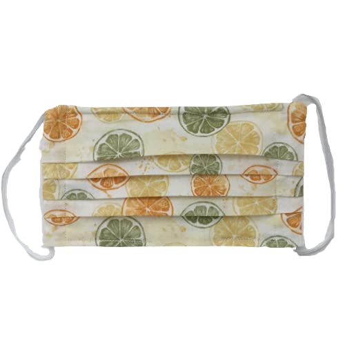 Pleated Retro Lemon Lime Orange Face Mask, Washable 3 ply 100% Cotton Cloth, summer citrus fruit slice Yellow Green White, Filter Pocket Nose Wire, Adjustable Head Elastic fabric Tie Adult Woman Child