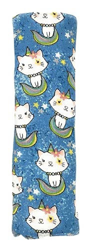 Blue Rainbow Star Glitter Caticorn Seatbelt Cover, Unicorn Kitty Cat Car Truck, Snap Hook, Cushion Seat Belt Shoulder Pad, Padded 100% Cotton, Rubbing Protect, Soft Comfortable Driving, Adult Child