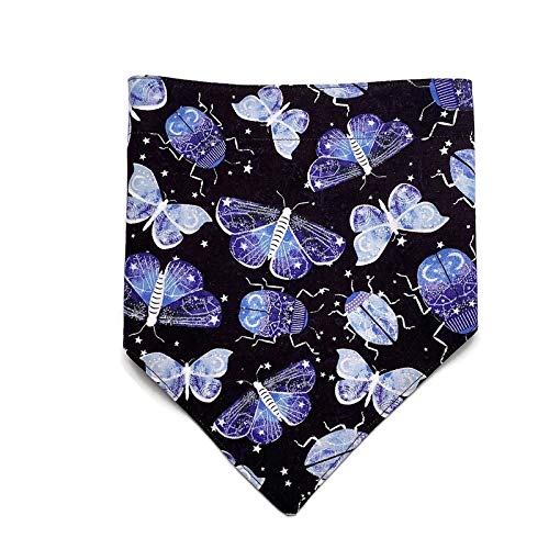 Reversible Dragonfly Puppy Dog Bandana, Black Blue Realistic Insect Moth Beetle Bug, Adjustable Fit, Hook and Loop Snap-On, Personalized Premium Fabric 2-layer 100% Cotton Reflective, Made in the USA