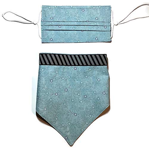 Matching Reversible Puppy Dog Bandana, Adjustable Fit Snap-On, Pastel Sky Blue Pleated Face Mask, Adult Child Adjustable Ear elastic, Reflective Silver Glitter Daisy Floral Flower Fabric 100% Cotton