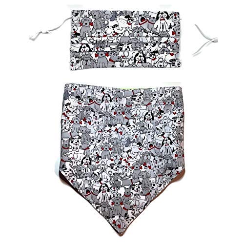 Matching Pleated Face Mask Reversible Puppy Dog Bandana, Cute Grey White Black Cartoon Dog Mutt Red Tongue, Adjustable Snap, Personalized Premium Durable 100% Cotton, Around head elastic fabric ties