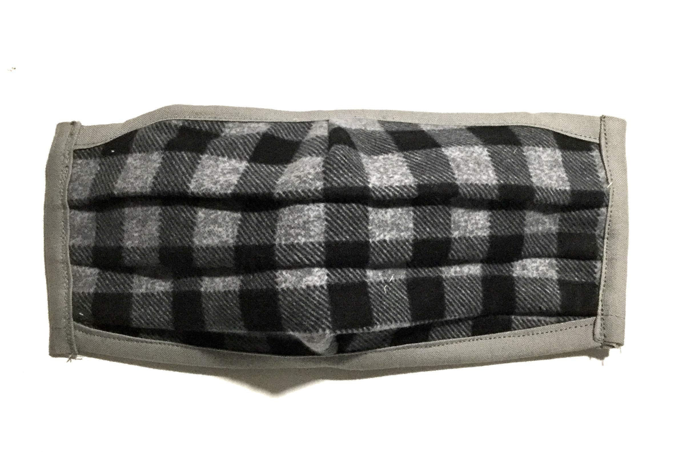 3D Pleated Black Grey Check Plaid Tartan Face Mask, Uniform Work, 100% cotton cloth, nose wire filter pocket, washable adjustable around Head ear elastic fabric tie, adult man woman made in usa OS XL