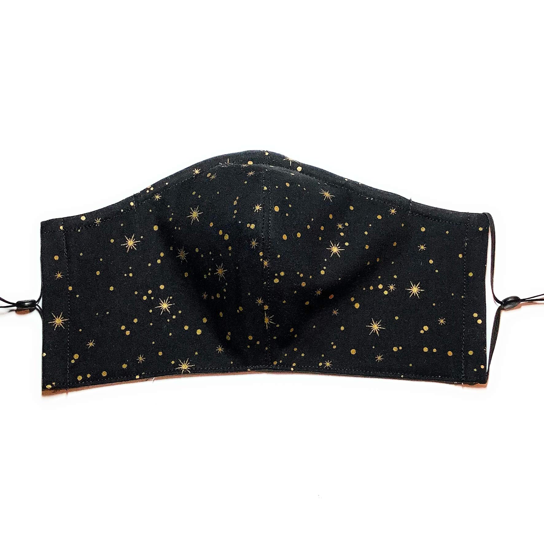 Black Polka Dot Gold Star Face Mask, 3 layer 100% cotton cloth, nose wire filter pocket washable, adjustable around Head elastic fabric tie, adult man woman child, made in usa, Festive Shimmer Glitter