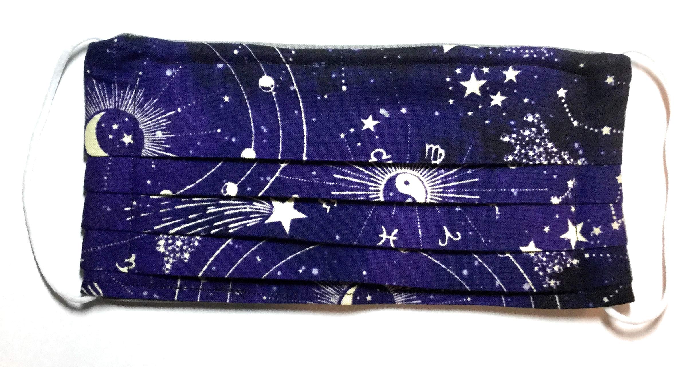 Pleated astrology constellation yin yang moon face mask, 3 layer 100% quilting cotton flannel cloth, nose wire filter pocket made in usa washable Head elastic fabric tie adult man woman child boy girl