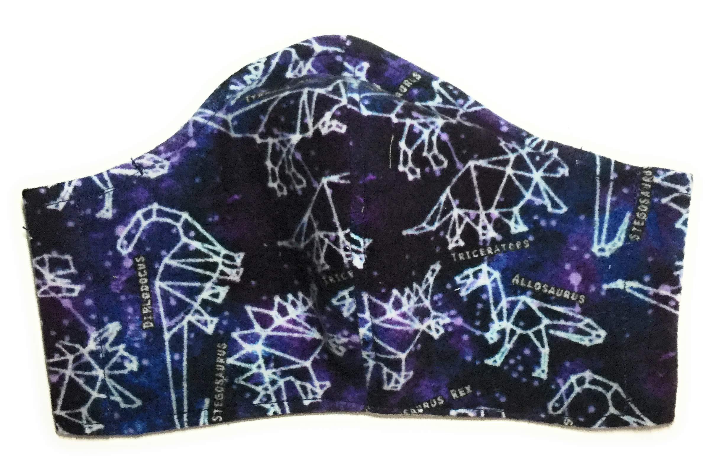 Blue Dino Dinosaur face mask t-rex triceratops constellation star, Triple Layer 100% cotton cloth flannel, nose wire filter pocket washable, adjustable ear around Head elastic fabric tie adult child