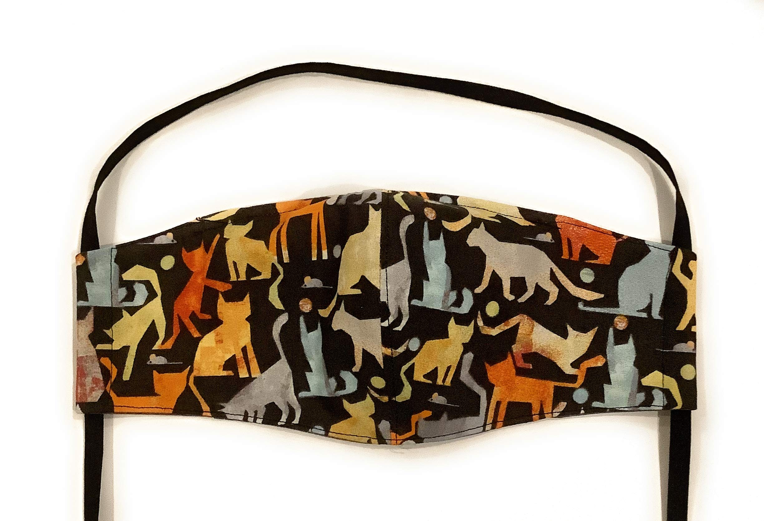 Art Deco Black Kitty Cat Face Mask, mouse yarn ball fox, triple layer 100% cotton, nose wire filter pocket washable, adjustable around Head elastic fabric tie, unisex man woman XL XXL Extra Coverage