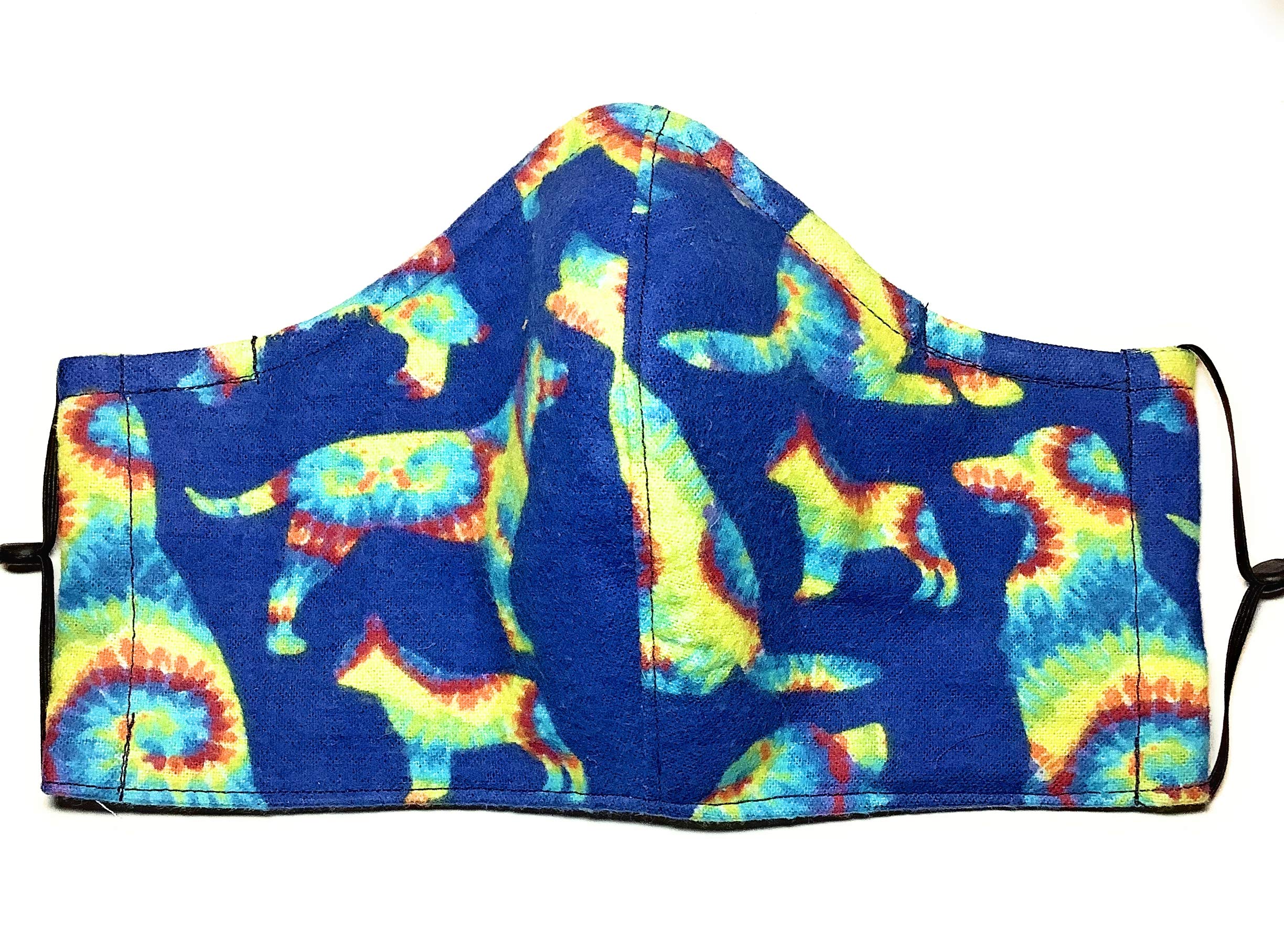 Blue Psychedelic Doodle Rainbow Tie-Dye Dog Face Mask, 100% quilting cotton flannel cloth, nose wire filter pocket machine washable, made in usa, Around Head elastic fabric tie, adult man woman child