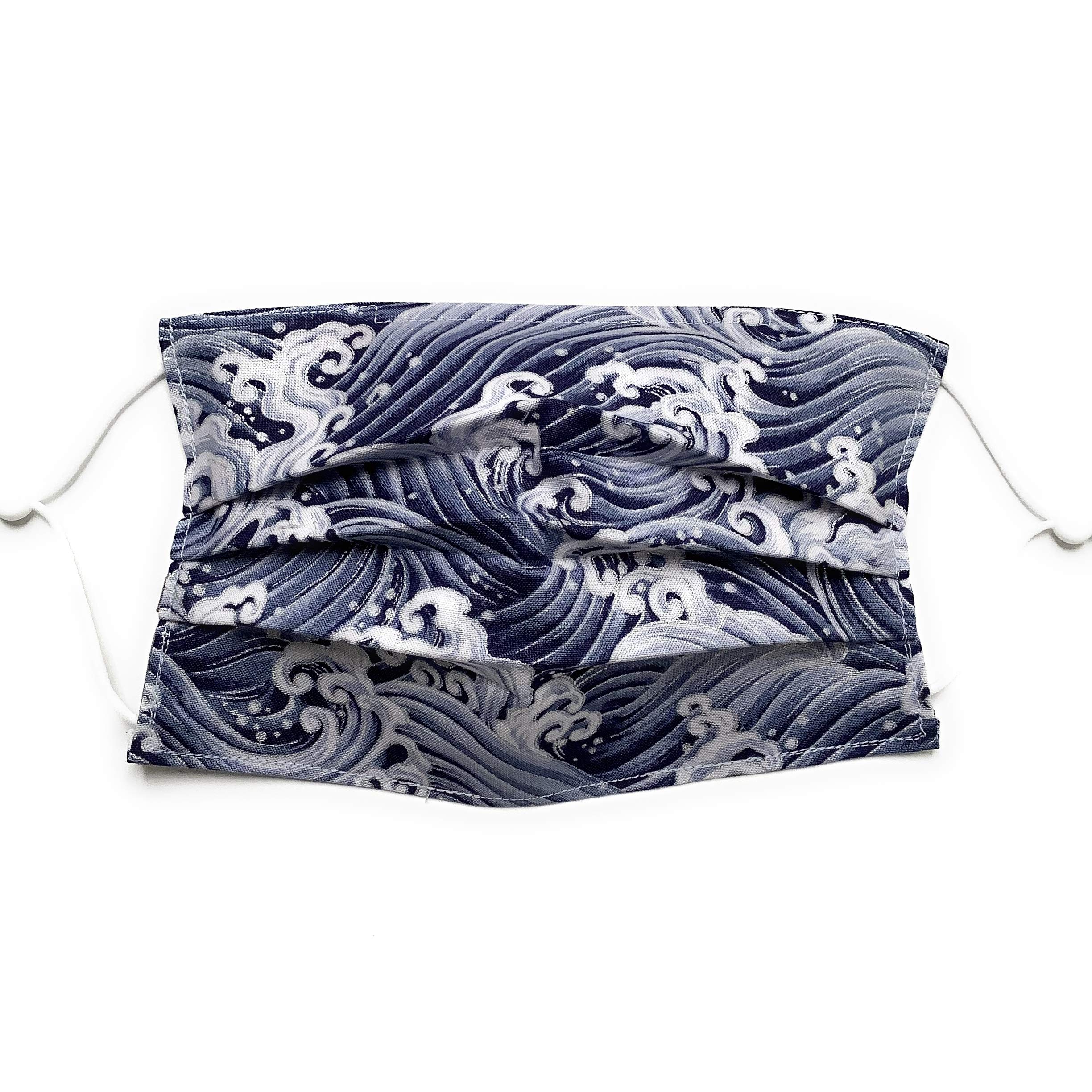 Pleated Asian Ocean Wave Face Mask, Blue Silver Metallic Water Japanese Chinese, Premium 100% cotton cloth, nose wire filter pocket washable, adjustable ear around Head elastic fabric tie adult child
