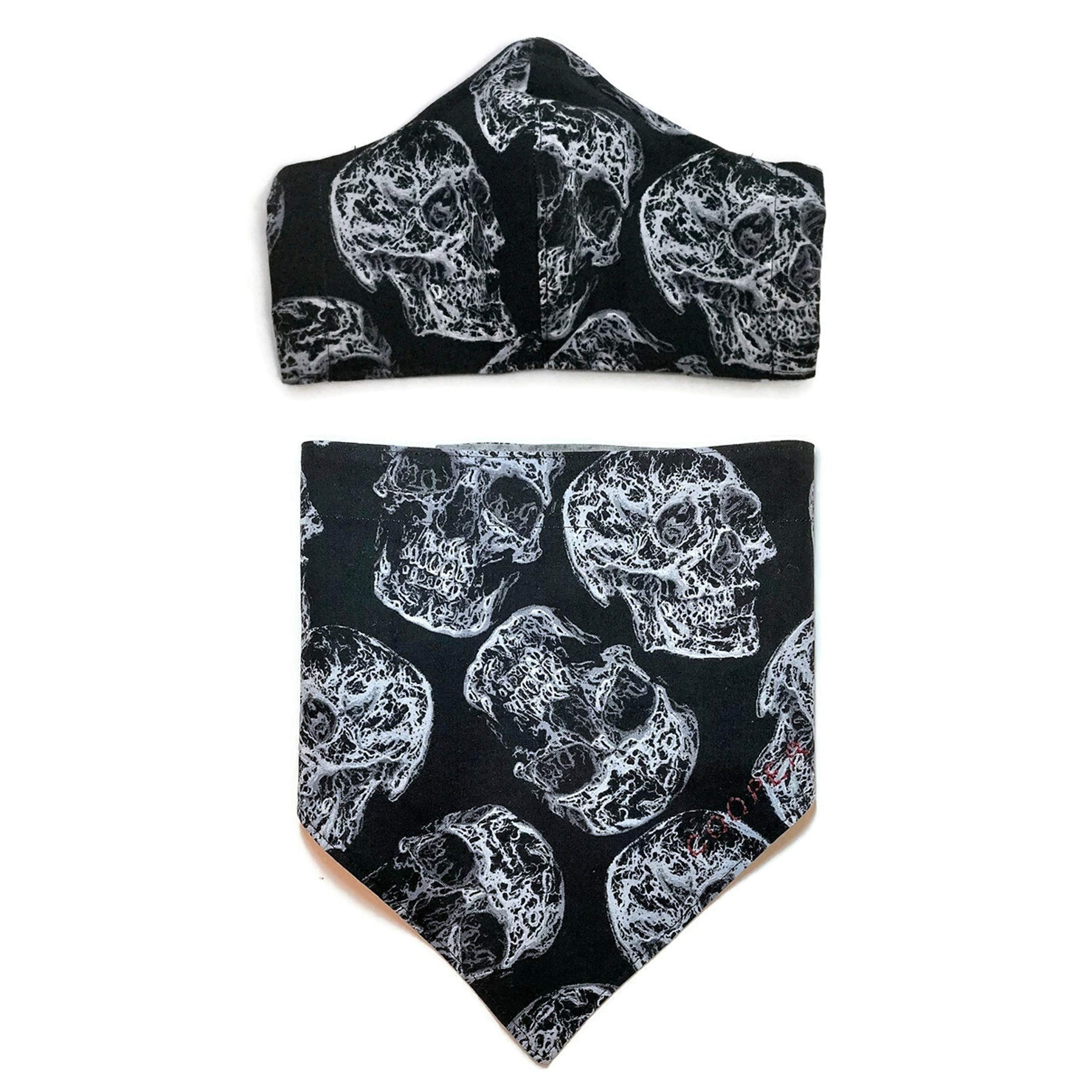 Matching Reversible Puppy Dog Bandana Fitted Face Mask Set, Smoke Realistic Black Xray Skull Bone, adjustable Snap-On, Personalized Fabric 100% Cotton, adult child, Around head elastic fabric tie