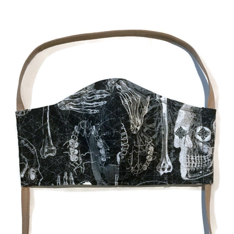 Skeleton Anatomy face mask, Washable 100% Cotton Cloth, Spider Skull Bat, XL pleated adult, fabric tie head Elastic, Filter Pocket Nose Wire