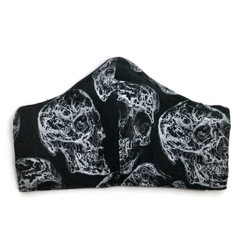 Black White Smokey Skeleton Xray Skull Face Mask, 100% Cotton Washable pleatEd 3 layer, fabric tie head Elastic Filter Pocket Nose Wire Goth