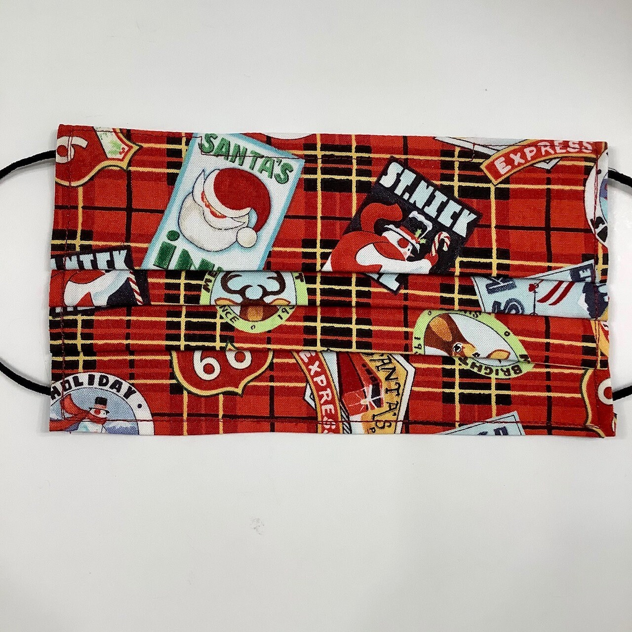 Pleated Retro Christmas Face Mask, Santa Frosty Route 66, 100% Cotton Washable, around head ear elastic fabric tie, Filter Pocket Nose Wire