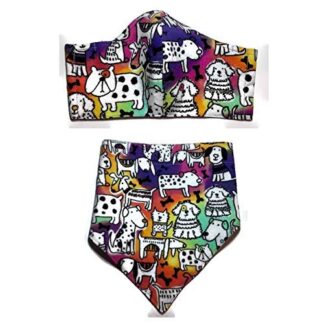 Matching Rainbow Tie-Dye Cartoon Reversible Puppy Dog Bandana, Adjustable Fit Snap-On, Personalized Premium Durable Fabric 100% Cotton, Fitted Face Mask adult child, Around head elastic fabric ties