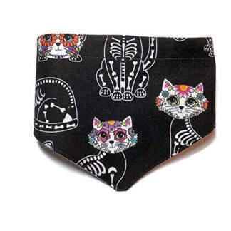 Reversible Kitty Cat Bandana, Black Skeleton Tropical Sugar Skull Calveras Day of the Dead, Adjustable Fit, Hook and Loop Snap-On, Personalized Premium Durable Fabric 100% Cotton, Made in the USA