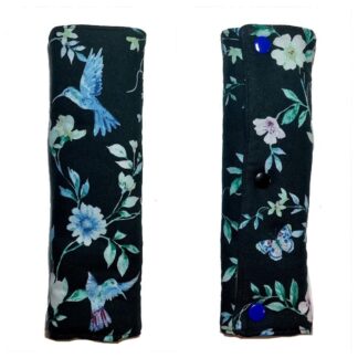 Blue Green Hummingbird Car Seatbelt Cover, Floral Vine Butterfly, Washable Padded Soft Quilted 100% Cotton, Comfortable Seat Belt Shoulder Strap Snap Neck Cushion, Made in USA