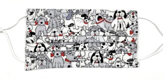 Pleated Gray Red Puppy Dog Canine Face Mask, Spotted Cartoon Mutt, 100% cotton washable cloth, nose wire filter pocket, made in the usa, adjustable ear Around Head elastic fabric tie, adult child