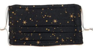 Pleated Black Gold Polka Dot Star Face Mask, Triple layer 100% cotton cloth, nose wire filter pocket, Adjustable Ear Around Head Elastic Fabric Tie, adult Woman child, Fun Festive USA Starry Glitter