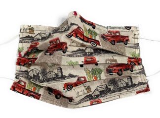 Pleated Red Pickup Truck Car Farm Tractor Face Mask Grain Silo Fall Harvest, 100% cotton cloth, nose wire filter pocket washable, adjustable ear around Head elastic fabric tie, unisex adult child kid
